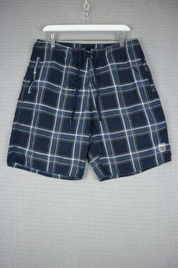 K-Swiss Men's Size Medium Plaid Board Shorts Blue White Swim Trunks Drawstring